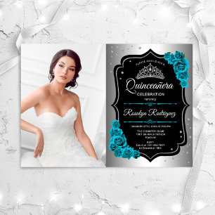 Invitation Quinceanera Party avec photo - Turquoise noir arge