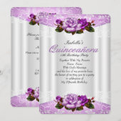 Invitation Quinceanera Party Blanc violet rose roses dentelle (Devant / Derrière)