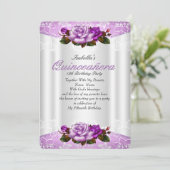 Invitation Quinceanera Party Blanc violet rose roses dentelle (Debout devant)