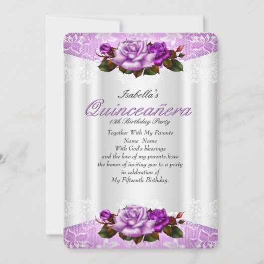 Invitation Quinceanera Party Blanc violet rose roses dentelle (Devant)