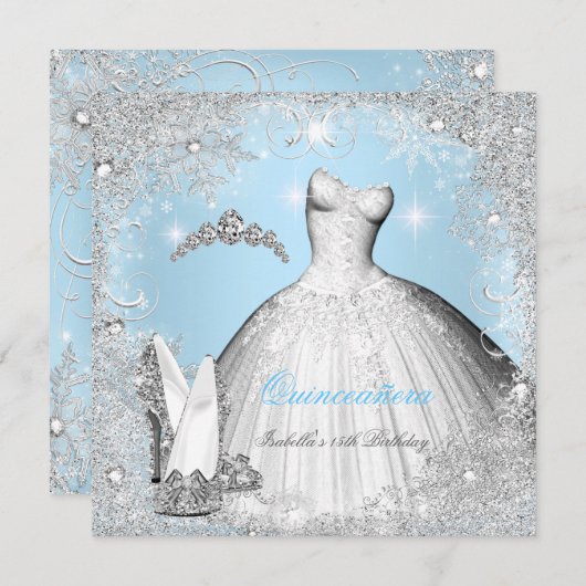 Invitation Quinceanera Party Blue Silver Snowflakes (Devant / Derrière)