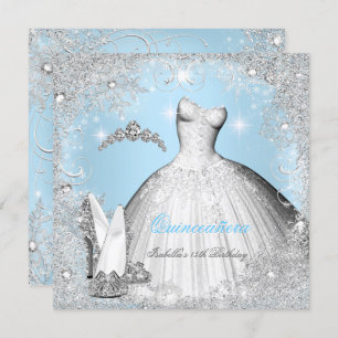 Invitation Quinceanera Party Blue Silver Snowflakes