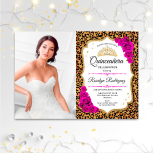 Invitation Quinceanera Party - Empreinte de léopard rose blan