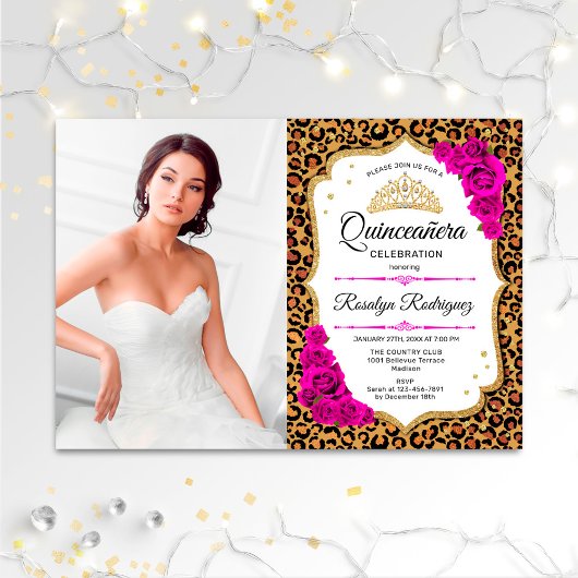 Invitation Quinceanera Party - Empreinte de léopard rose blan