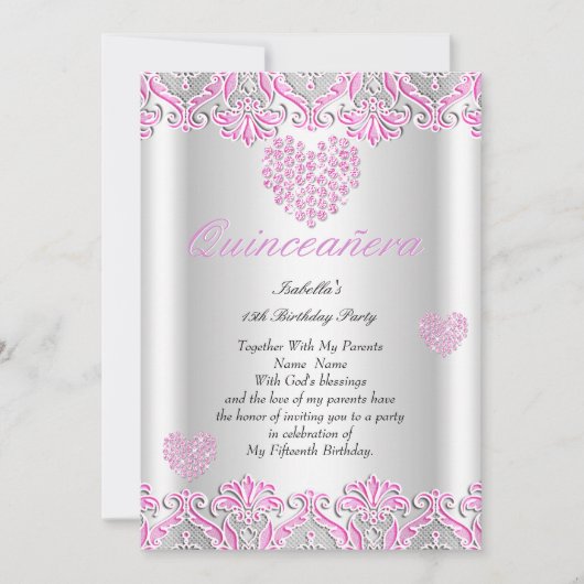 Invitation Quinceanera Party Joli Coeurs rose Dentelle 4 (Devant)