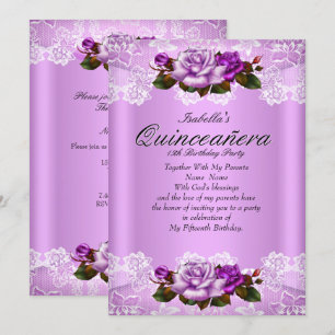 Invitation Quinceanera Party Lilac rose violet Roses dentelle