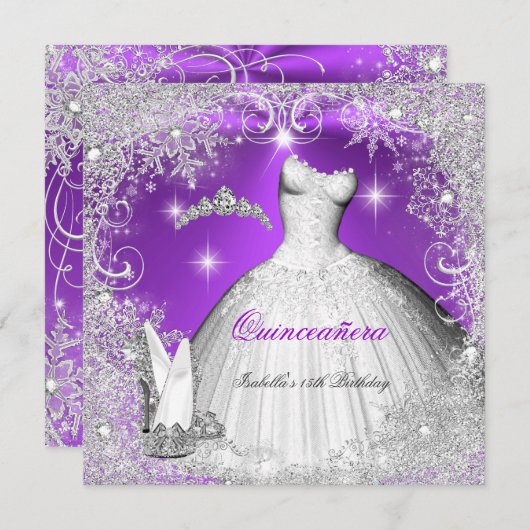 Invitation Quinceanera Party Purple Silver Snowflakes hiver (Devant / Derrière)