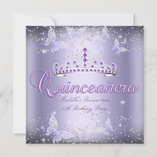 Invitation Quinceanera Party Purple Tiara Butterfly 2 (Devant)