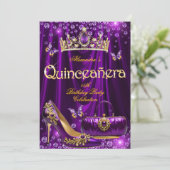 Invitation Quinceanera party Purple Tiara High heel gold (Debout devant)