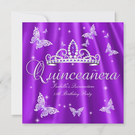 Invitation Quinceanera Party Purple Tiara Papillon (Devant)
