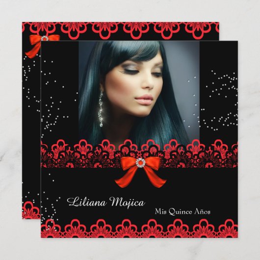 Invitation Quinceanera Party Red Lace Jewel Bow 2 (Devant / Derrière)