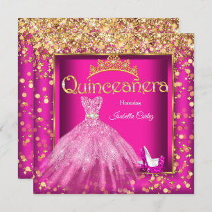 Invitation Quinceañera Party Robe rose chaude talons hauts Or
