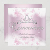 Invitation Quinceanera Party rose blanc papillon Tiara (Devant / Derrière)