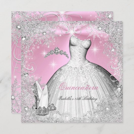 Invitation Quinceanera Party rose Silver Hiver flocons (Devant / Derrière)