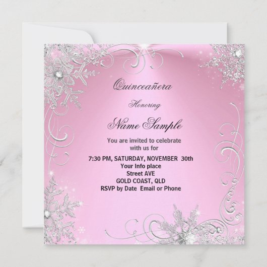 Invitation Quinceanera Party rose Silver Hiver flocons (Dos)