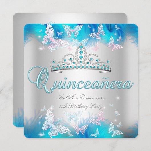Invitation Quinceanera Party rose Turquoise Bleu Tiara Papill (Devant / Derrière)