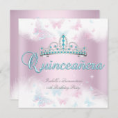 Invitation Quinceanera Party rose Turquoise Tiara Butterfly 2 (Devant / Derrière)