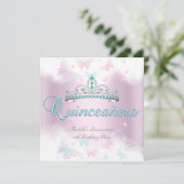 Invitation Quinceanera Party rose Turquoise Tiara Butterfly 2 (Debout devant)