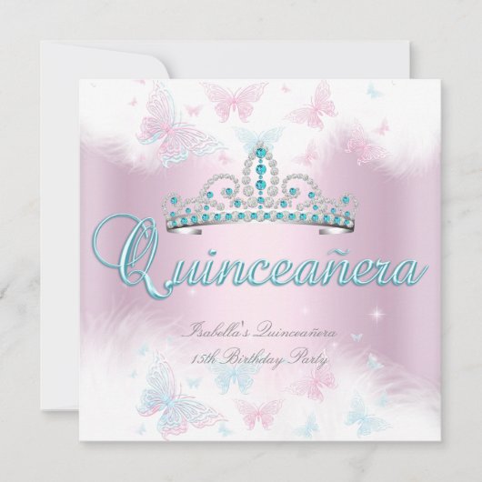Invitation Quinceanera Party rose Turquoise Tiara Butterfly 2 (Devant)