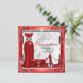 Invitation Quinceanera Party Rouge Robe Argent talons S5 (Debout devant)
