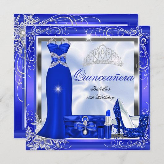 Invitation Quinceanera Party Royal Blue Silver Robe talons S5 (Devant / Derrière)