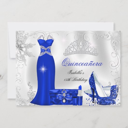 Invitation Quinceanera Party Royal Blue Silver Snowflakes (Devant)
