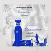 Invitation Quinceanera Party Royal Blue Silver Snowflakes (Devant / Derrière)