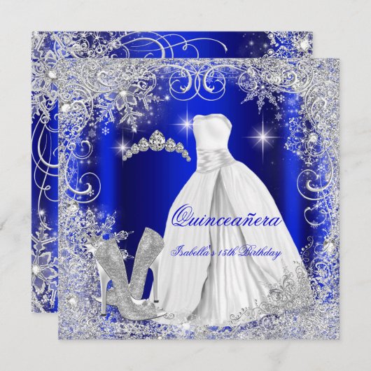 Invitation Quinceanera Party Royal Blue Silver Snowflakes (Devant / Derrière)