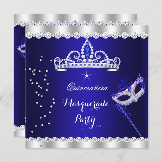 Invitation Quinceanera Party Royal Blue Tiara Masquerade (Devant / Derrière)