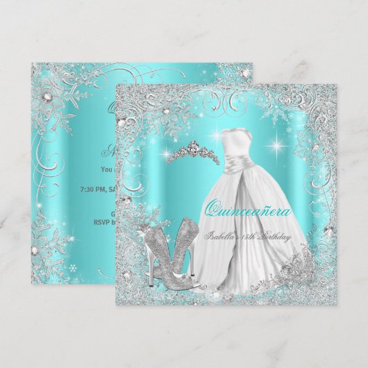 Invitation Quinceanera Party Turquoise Blue Silver Snowflakes (Devant / Derrière)