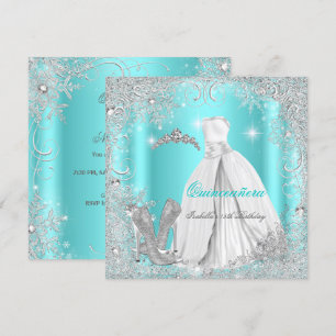 Invitation Quinceanera Party Turquoise Blue Silver Snowflakes