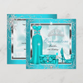 Invitation Quinceanera Party Turquoise Blue Silver Snowflakes (Devant / Derrière)