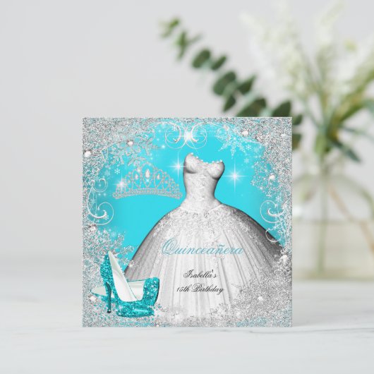 Invitation Quinceanera Party Turquoise Blue Silver Snowflakes (Debout devant)