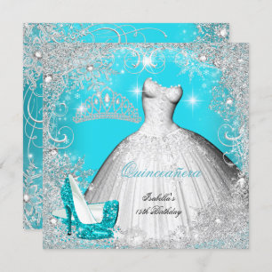 Invitation Quinceanera Party Turquoise Blue Silver Snowflakes