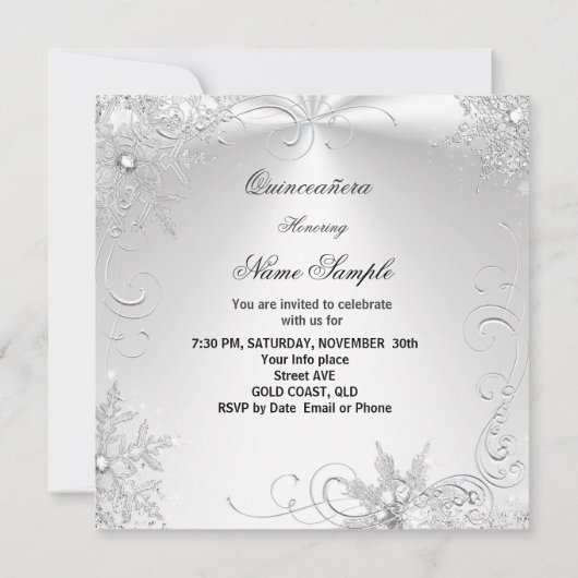 Invitation Quinceanera Party White Silver Winter Snowflakes 2 (Dos)