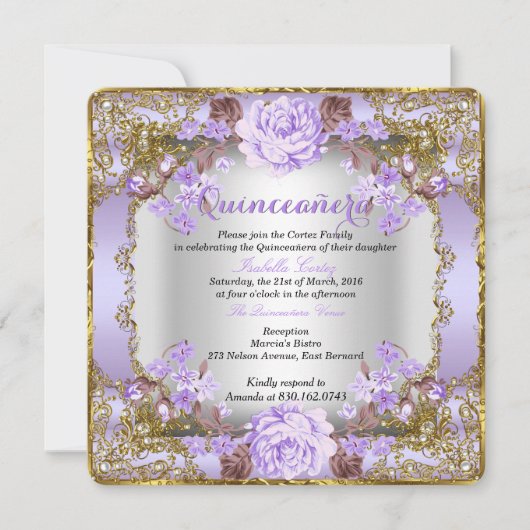 Invitation Quinceanera Pays Vintage Lavande Florale Violet (Devant)