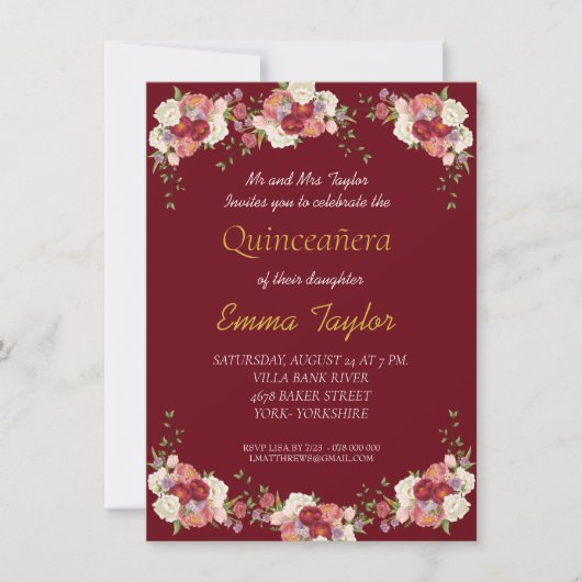 Invitation Quinceañera Peony Floral Bourgogne Anniversaire (Devant)