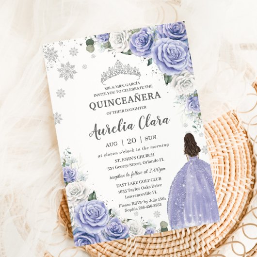 Invitation Quinceañera Périwinkle violet blanc Floral hiver