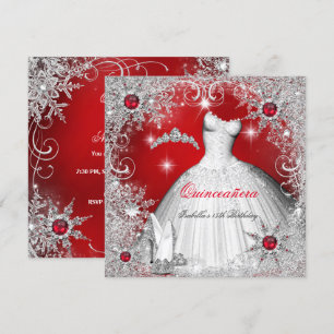 Invitation Quinceanera Perle Rouge Argent Flocons de Neige d'