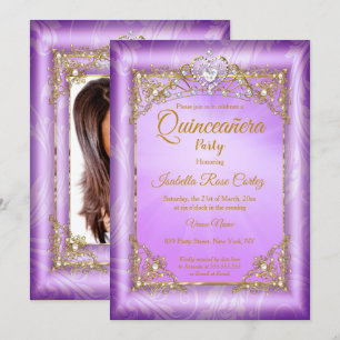 Invitation Quinceanera Perle violette photo Gold Tiara parti
