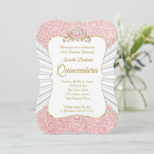 Invitation Quinceanera Perles roses dorées Couronne d'anniver