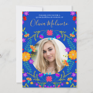 Invitation Quinceanera Photo Fête Mexicaine Floral Bleu Royal