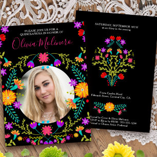 Invitation Quinceanera Photo Fête Mexicaine Floral Noir