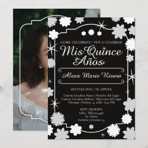 Invitation Quinceanera Photo Fleur Or Argent Rose Glam