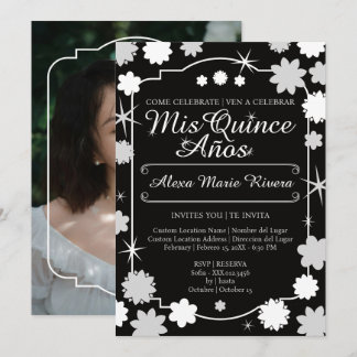 Invitation Quinceanera Photo Fleur Or Argent Rose Glam