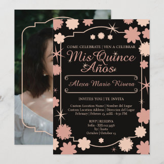 Invitation Quinceanera Photo Fleur Or Argent Rose Glam