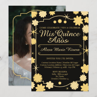 Invitation Quinceanera Photo Florale Rose Gold Argenté Glamou