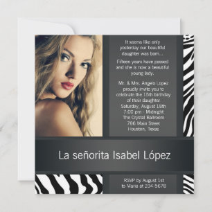 Invitation Quinceanera photo personnalisée de zèbre