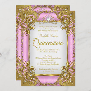 Invitation Quinceanera Photo rose blanc Golden Pearl Tiara