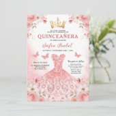 Invitation Quinceañera Photo Rose rose pâle Floral (Debout devant)
